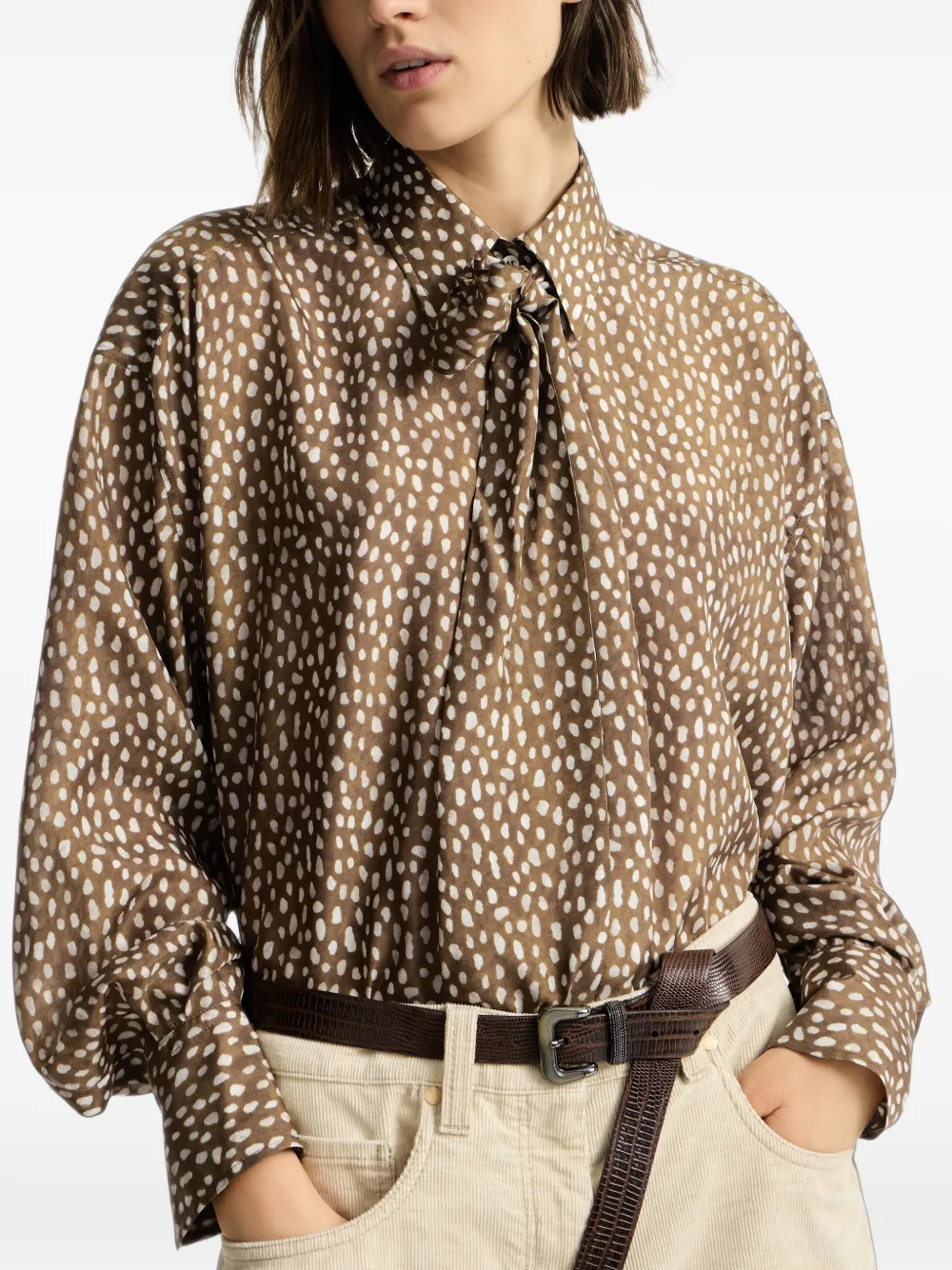 Brunello Cucinelli silk dapple pongee pussybow blouse with Monili Bruin