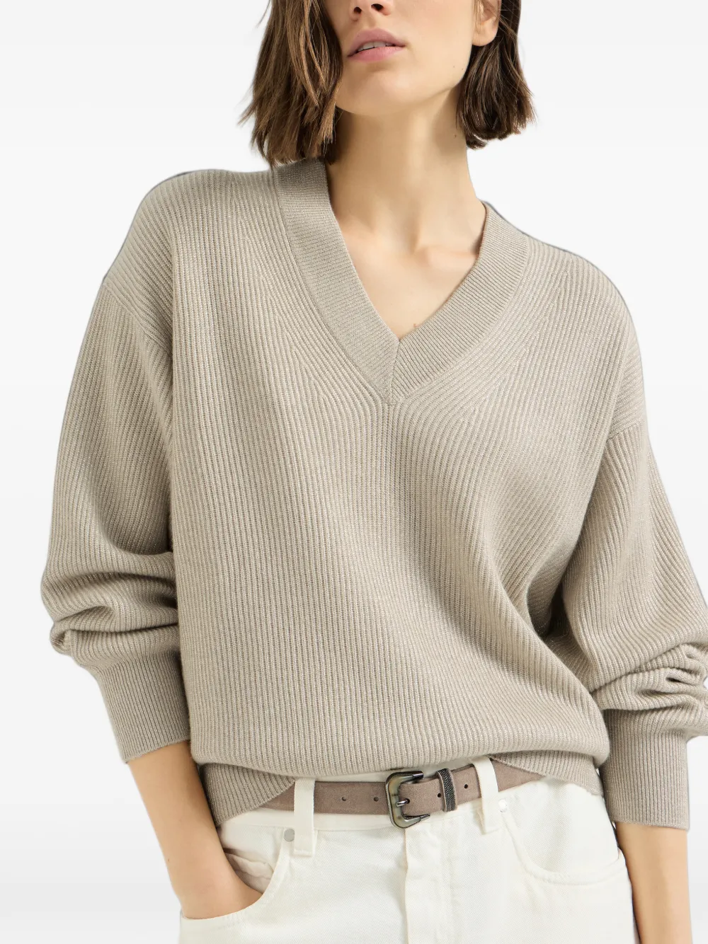 Brunello Cucinelli sparkling cashmere English-rib cardigan Beige