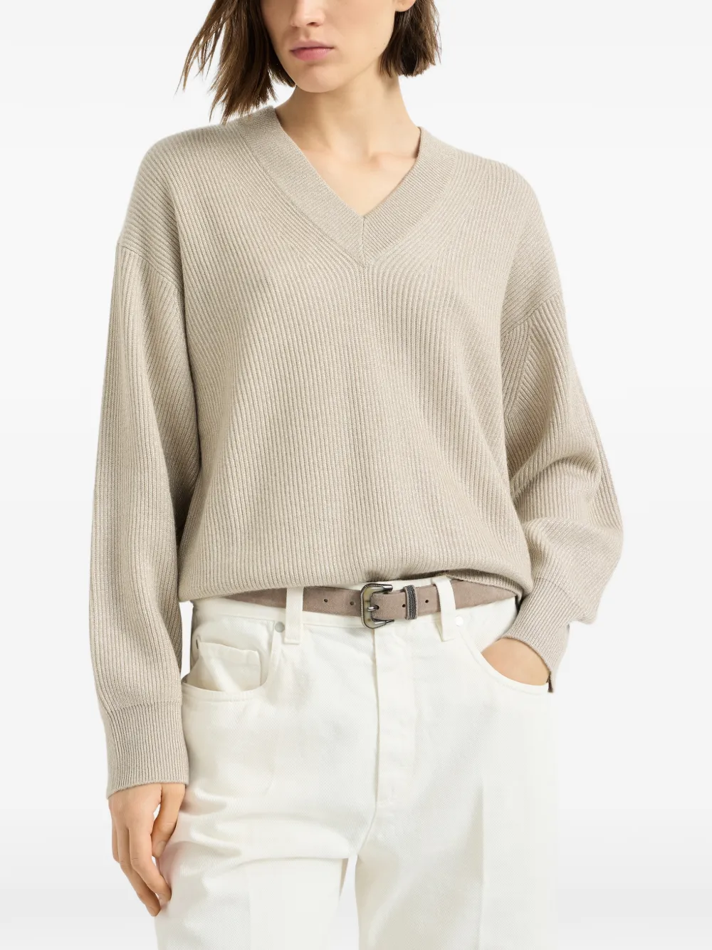 Brunello Cucinelli sparkling cashmere English-rib cardigan Beige