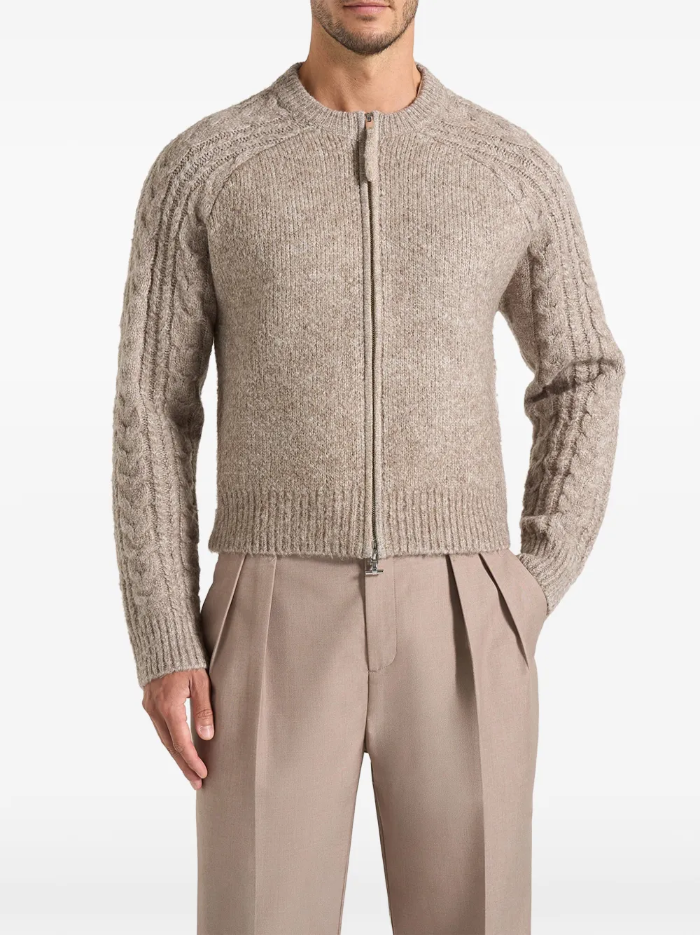 Manière De Voir Gaby in taupe speckled wool-blend cable knit raglan cardigan - Toni neutri