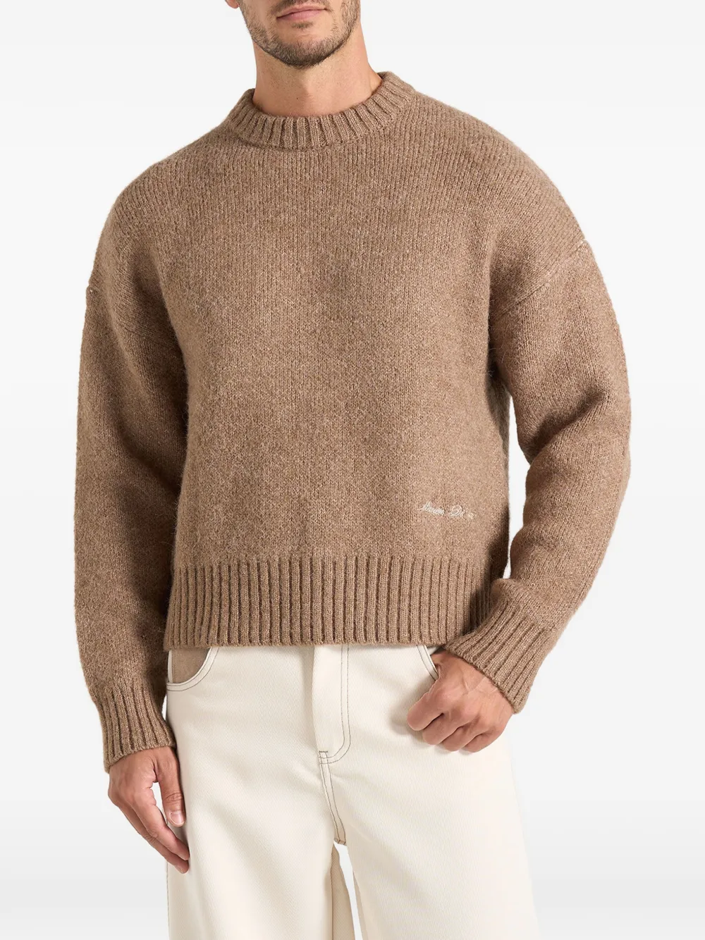 Manière De Voir Kamil art slogan speckled brushed wool-blend knit jumper in beige - Toni neutri