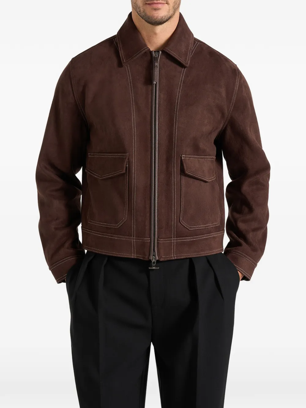 Manière De Voir Vince in brown suede contrast stitch jacket - Braun