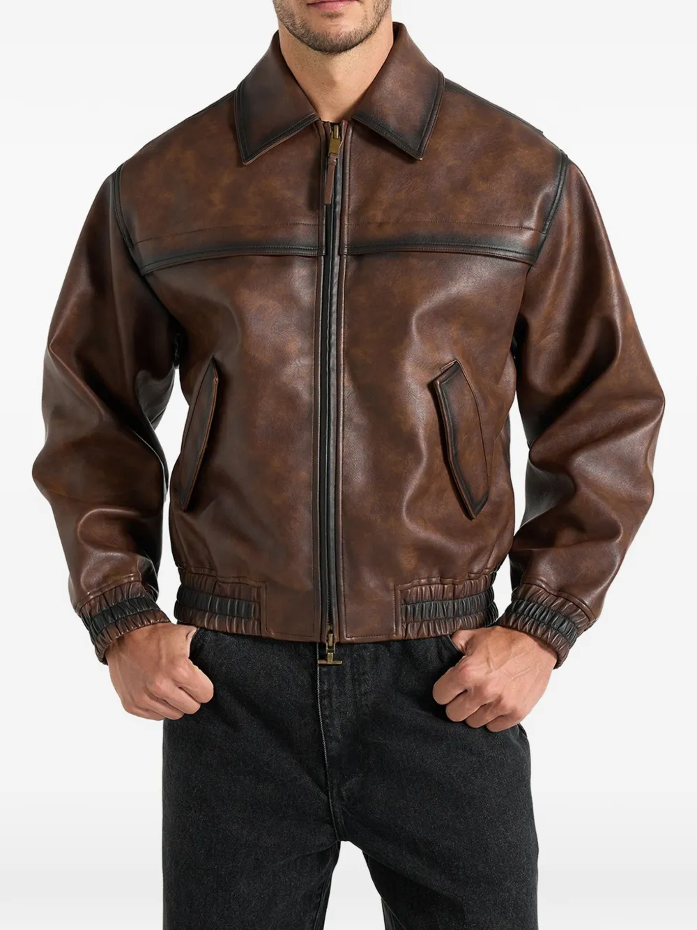 Manière De Voir Clint in brown vintage-leather bomber jacket - Braun