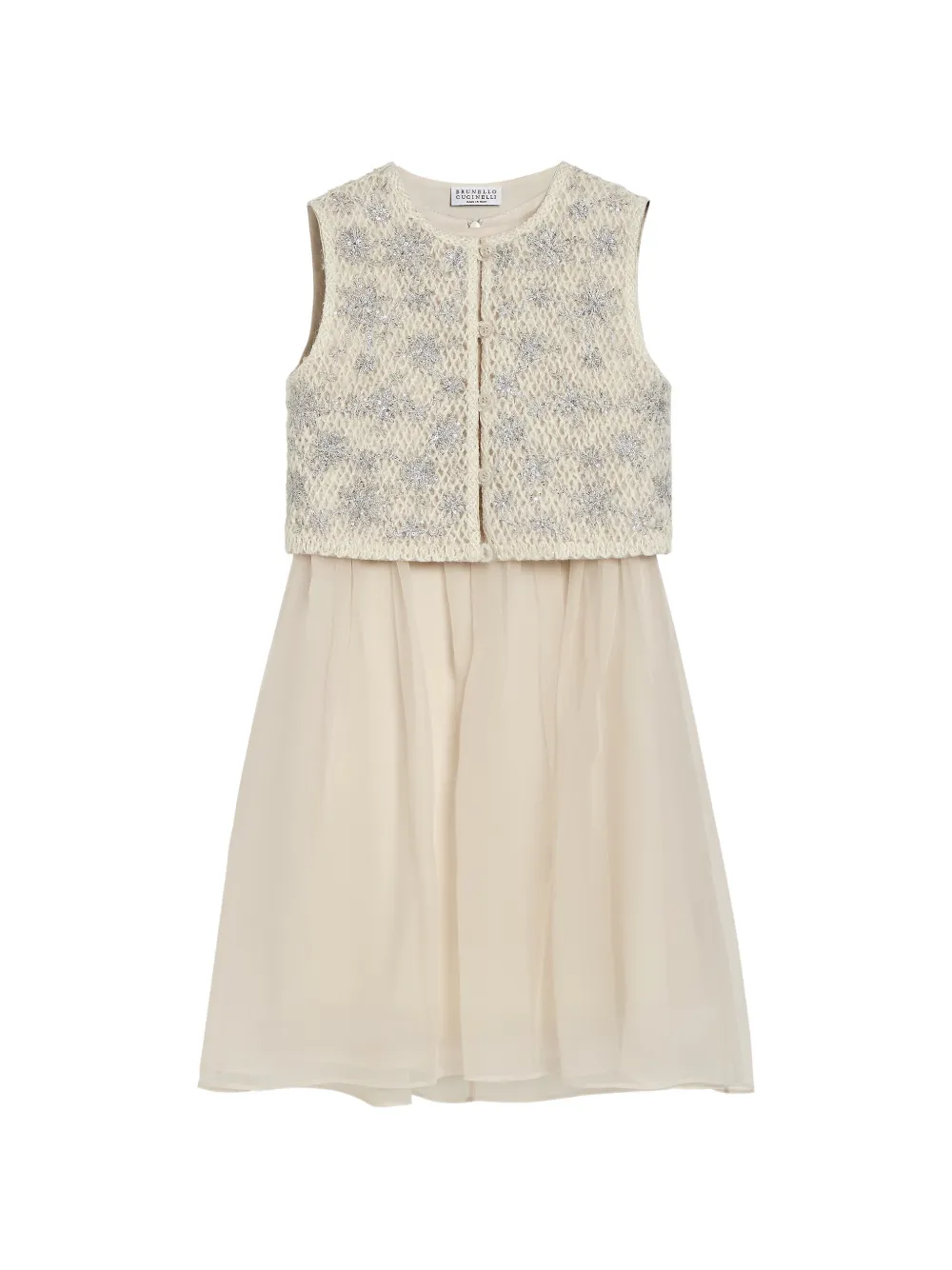 Brunello Cucinelli Kids snowflake-embroidered silk mini dress Beige