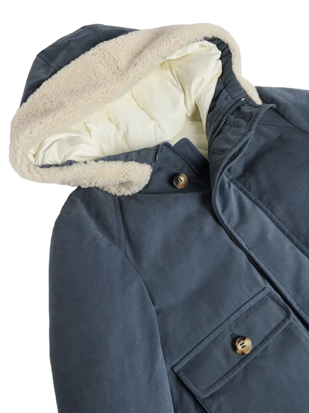 Brunello Cucinelli Kids shearling-trim waxed parka Blauw