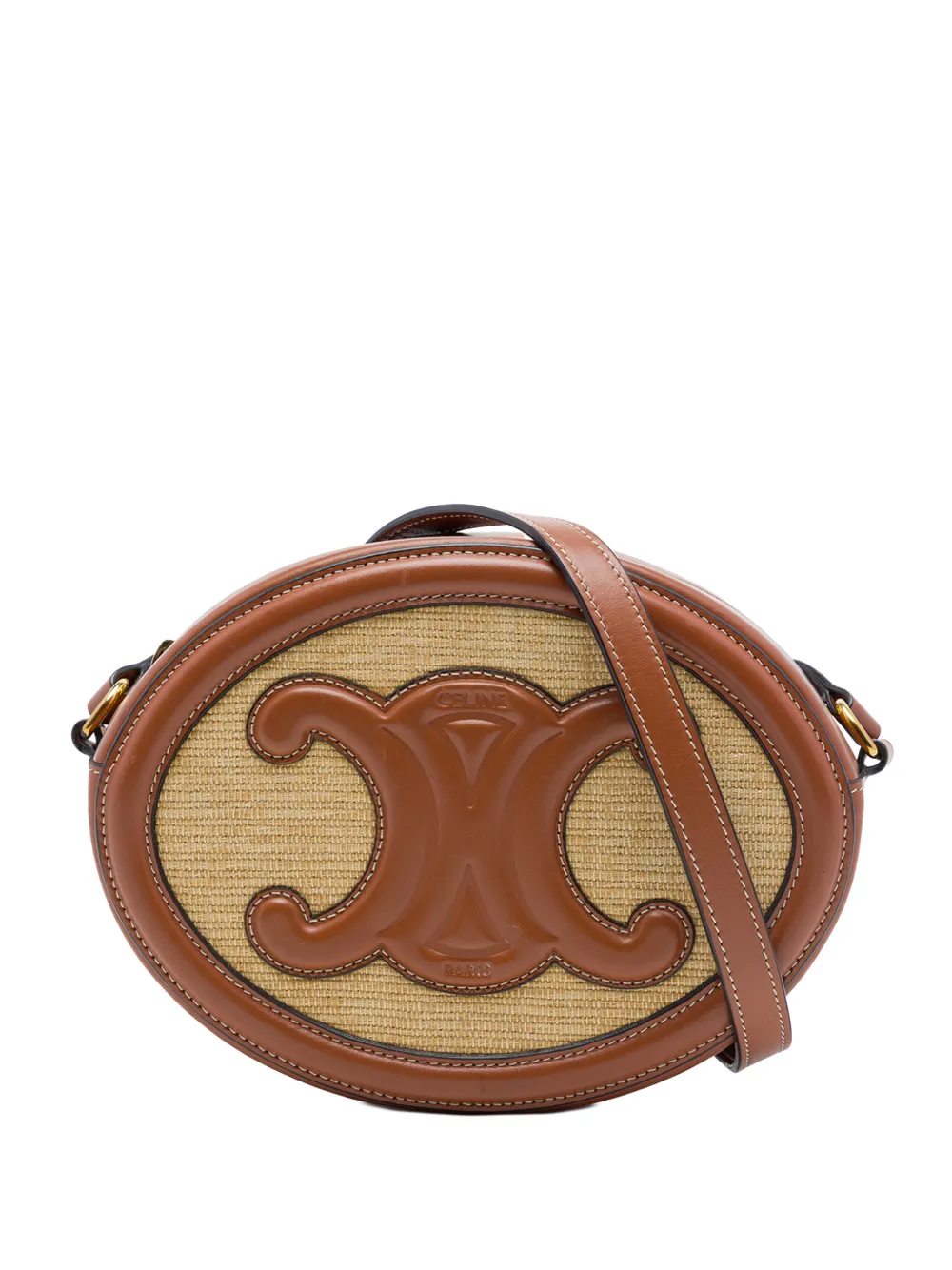 Celine Pre-Owned 2021 Straw Effect Canvas Cuir Triomphe Oval crossbody bag - Nude