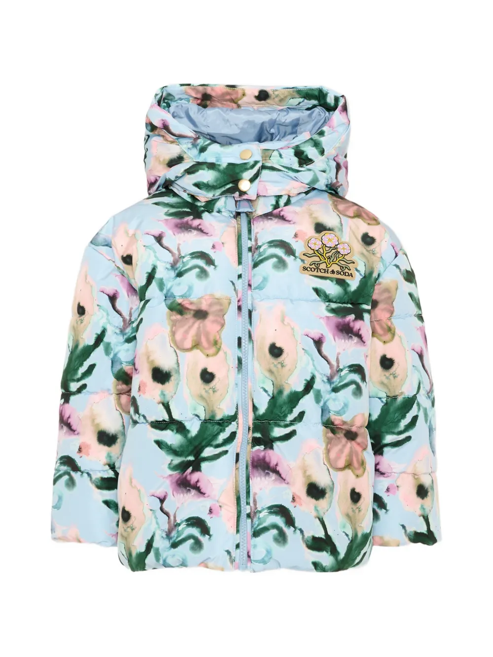 Scotch & Soda Kids floral-print puffer jacket Blauw