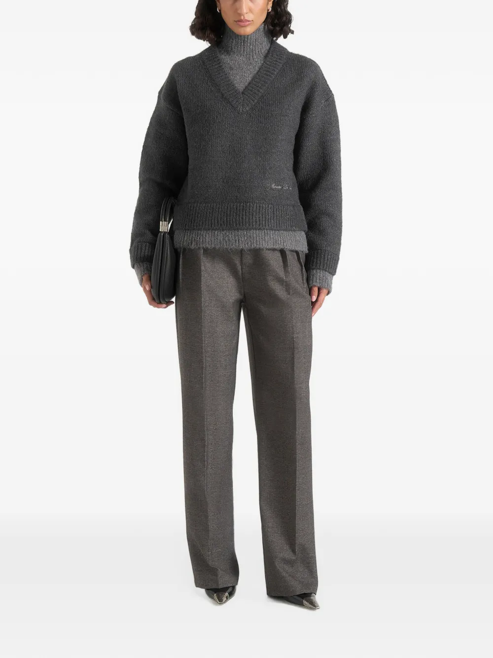 Manière De Voir Jacques in charcoal double-layer wool-blend V-neck knit jumper Grijs