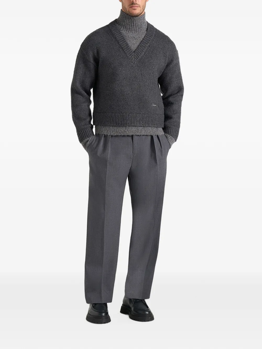 Manière De Voir Jacques in charcoal double-layer wool-blend V-neck knit jumper - Grigio