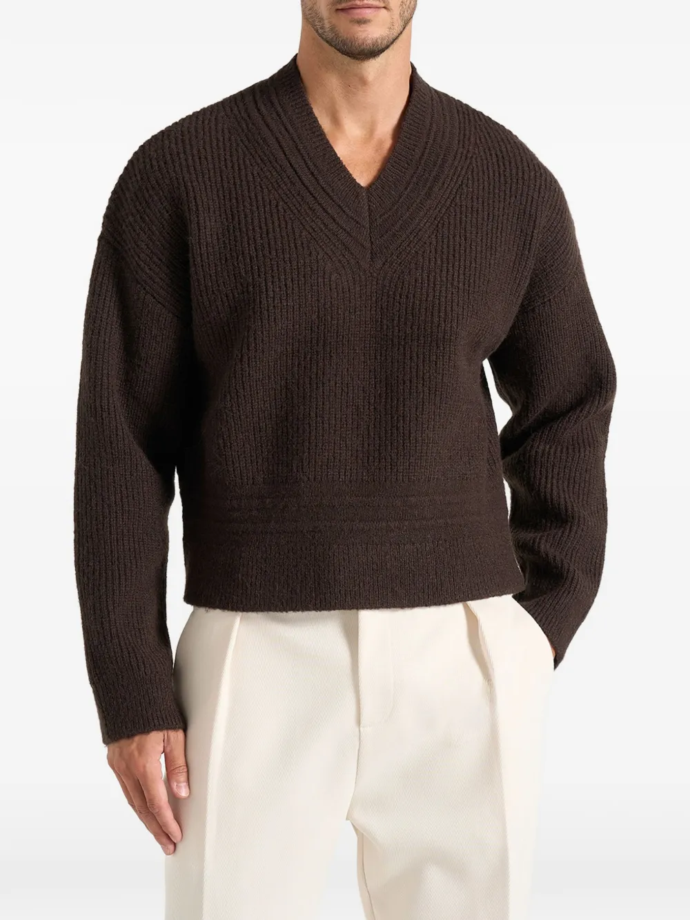 Manière De Voir Remi in dark-brown signature-Ribbed wool-blend V-neck jumper - Marrone