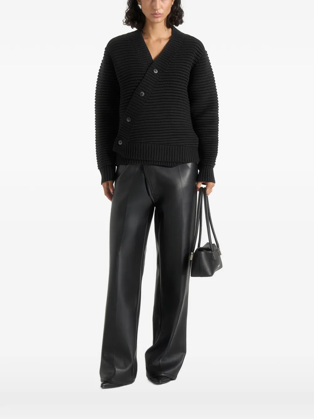 Manière De Voir Dani in black asymmetric brushed wool-blend rib knit cardigan - Nero
