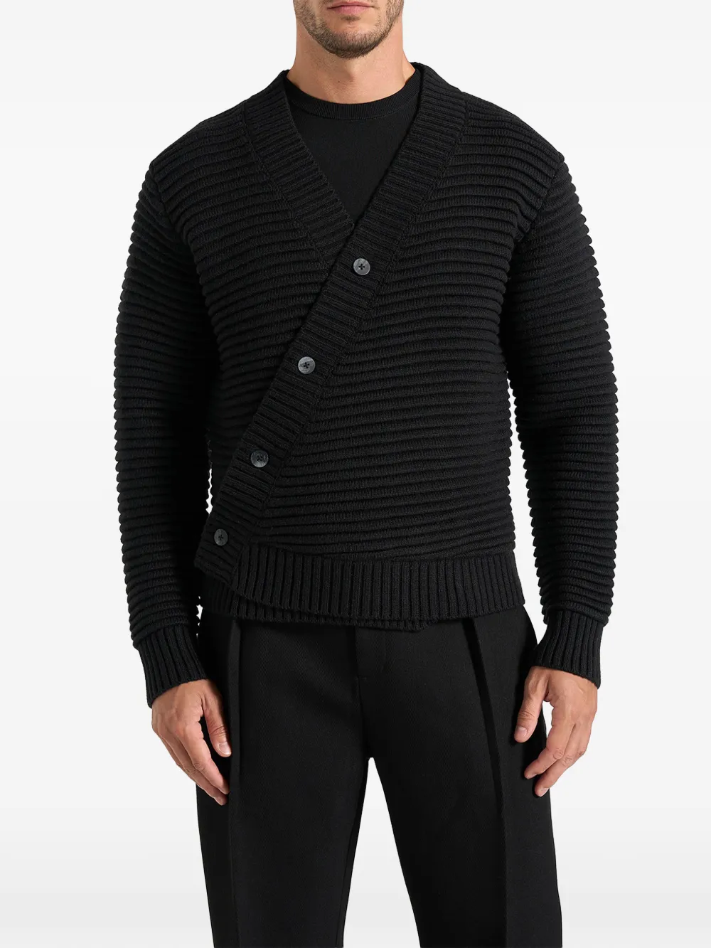 Manière De Voir Dani in black asymmetric brushed wool-blend rib knit cardigan - Schwarz