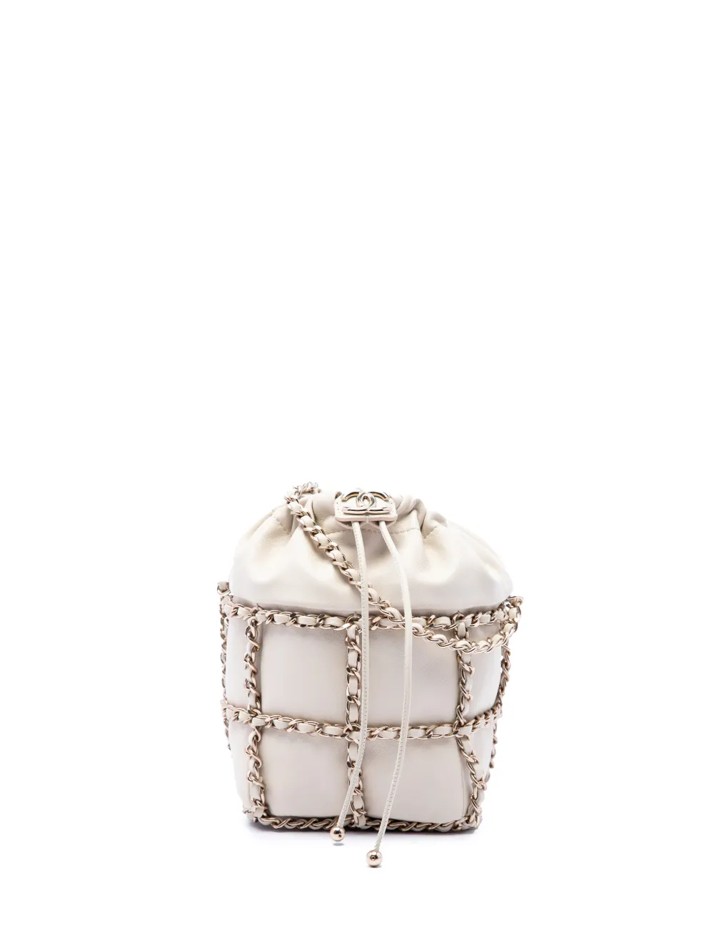 CHANEL Pre-Owned 2020 Mini Lambskin CC Chain Frame Drawstring bucket bag - White