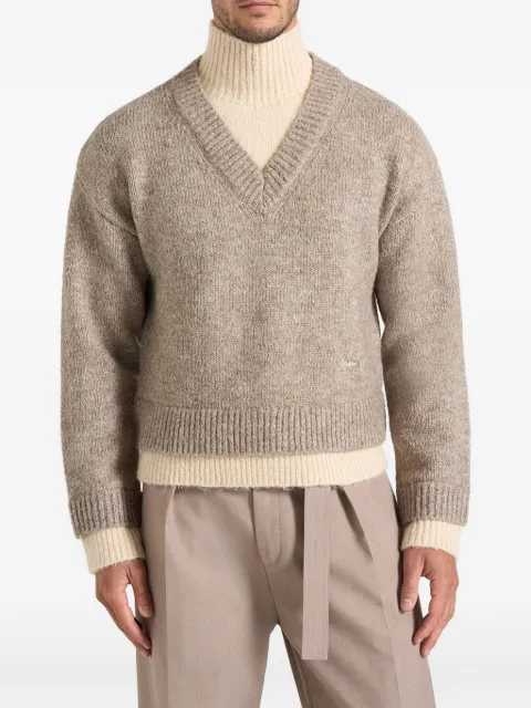 Manière De Voir Jacques in taupe double-layer wool-blend V-neck knit jumper