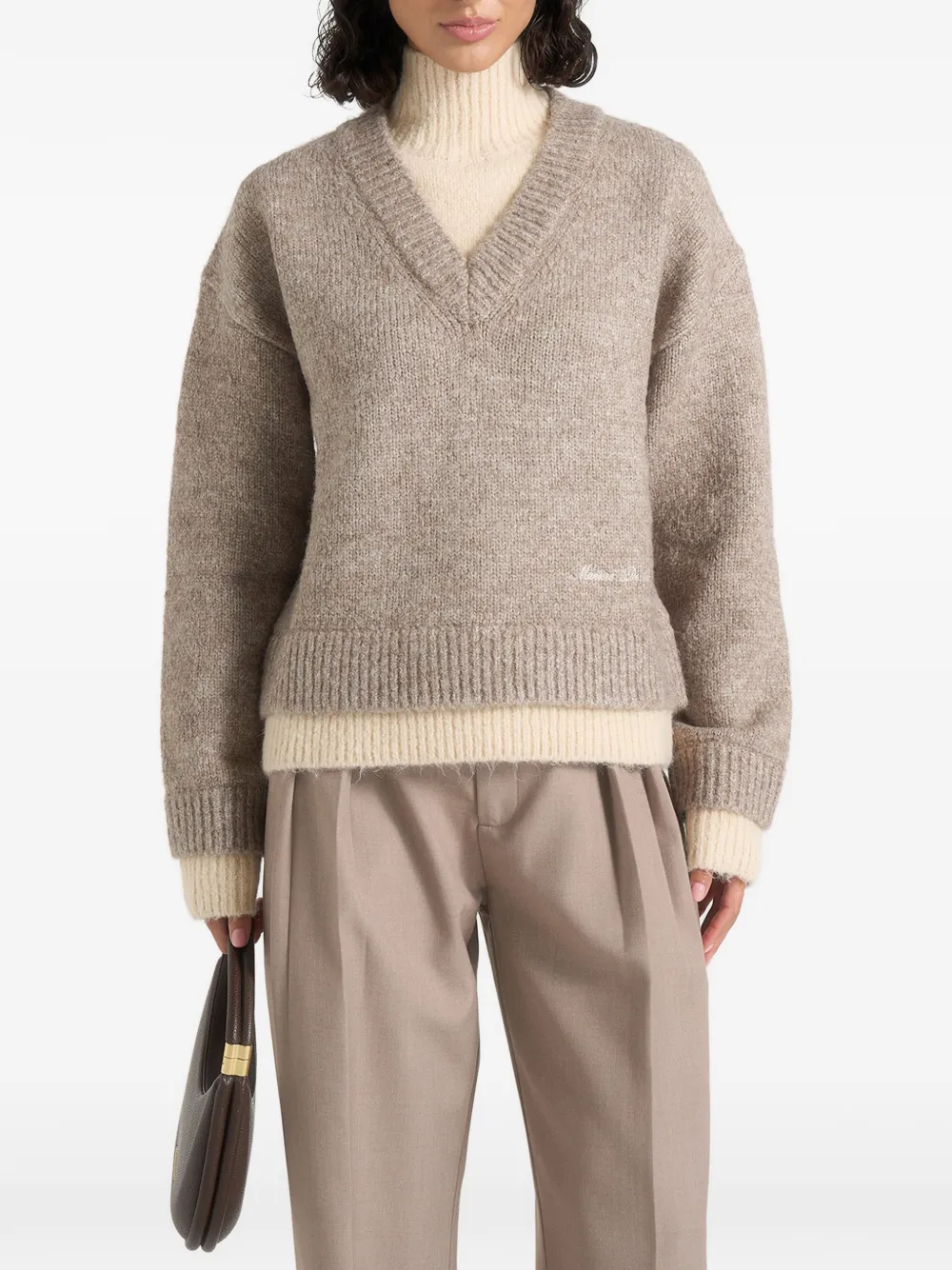 Manière De Voir Jacques in taupe double-layer wool-blend V-neck knit jumper Bruin