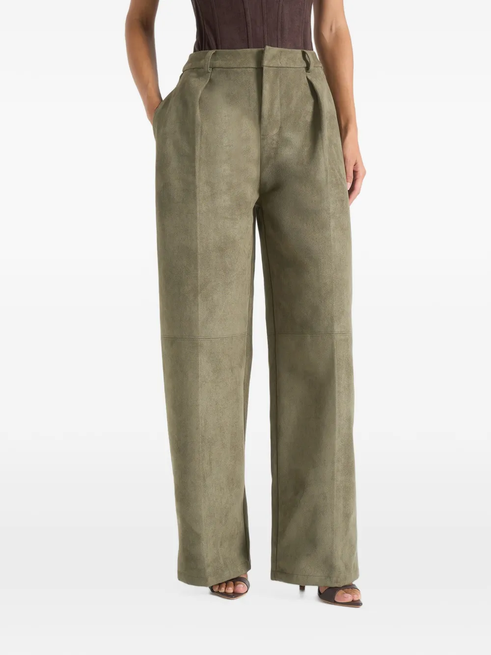 Manière De Voir Solene in dark sage suede wide-leg pleated trousers - Verde