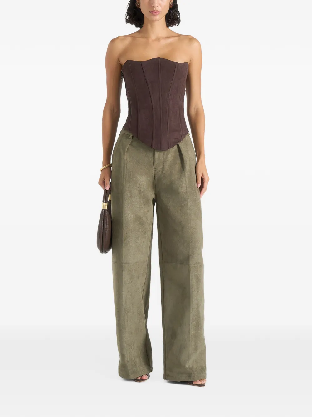 Manière De Voir Solene in dark sage suede wide-leg pleated trousers Groen
