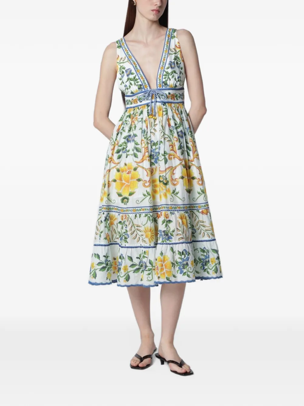 FARM Rio off-white Emily floral-tapestry rope-ties midi dress Wit