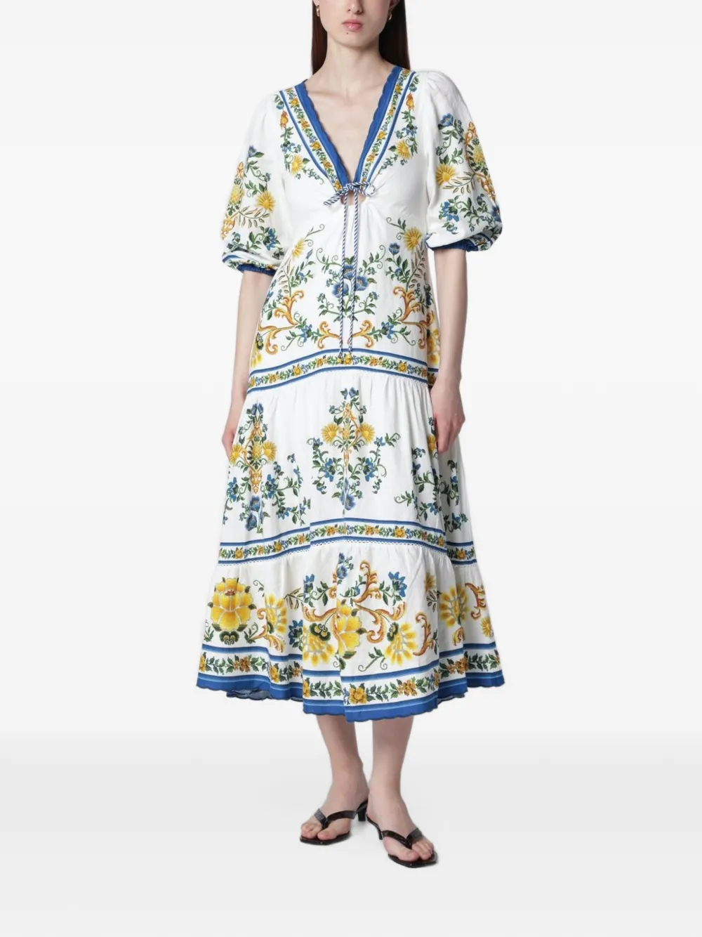 FARM Rio off-white Emily floral tapestry drawstring midi dress Wit