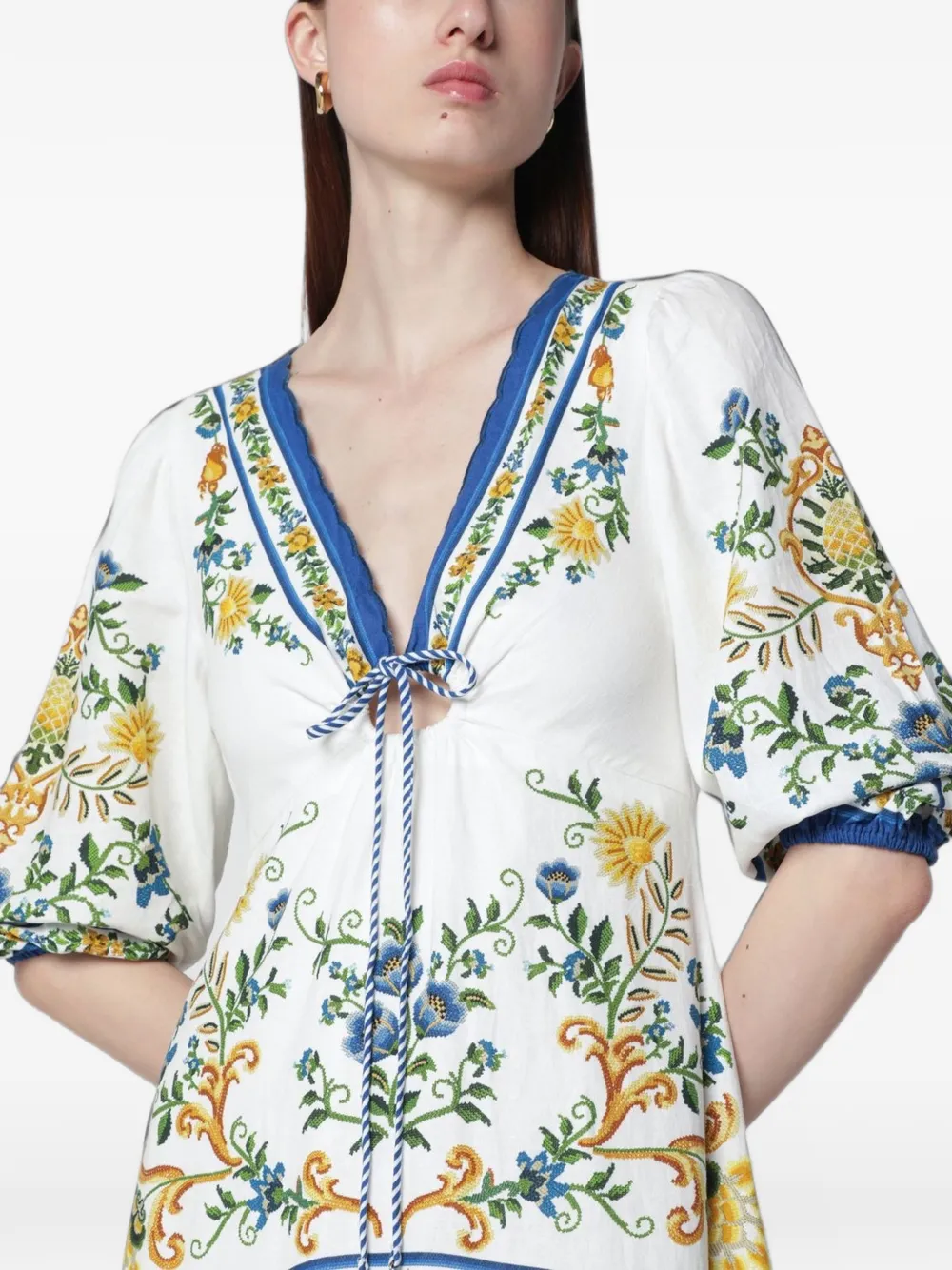 FARM Rio off-white Emily floral tapestry drawstring midi dress Wit