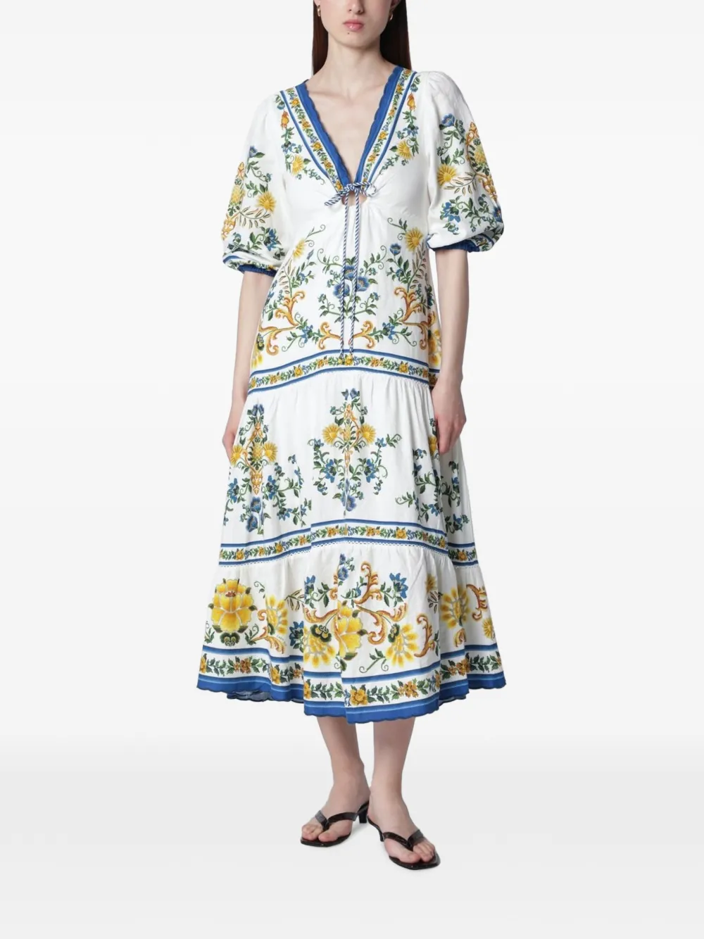 FARM Rio off-white Emily floral tapestry drawstring midi dress Wit