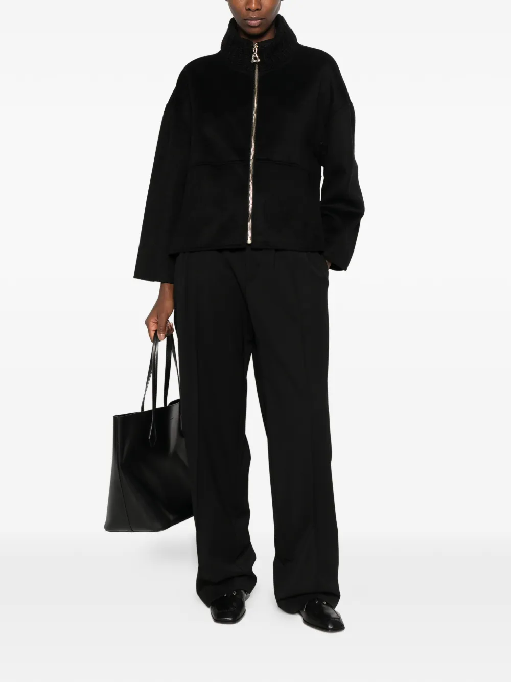 Nenette knit-collar zip-up coat Zwart