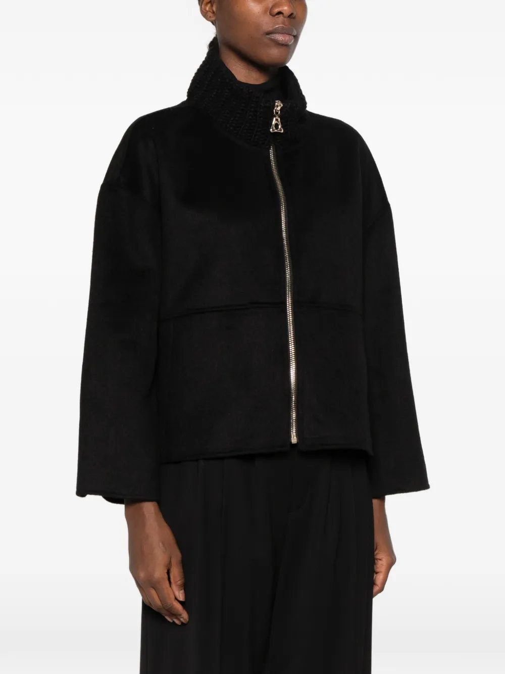 Nenette knit-collar zip-up coat Zwart