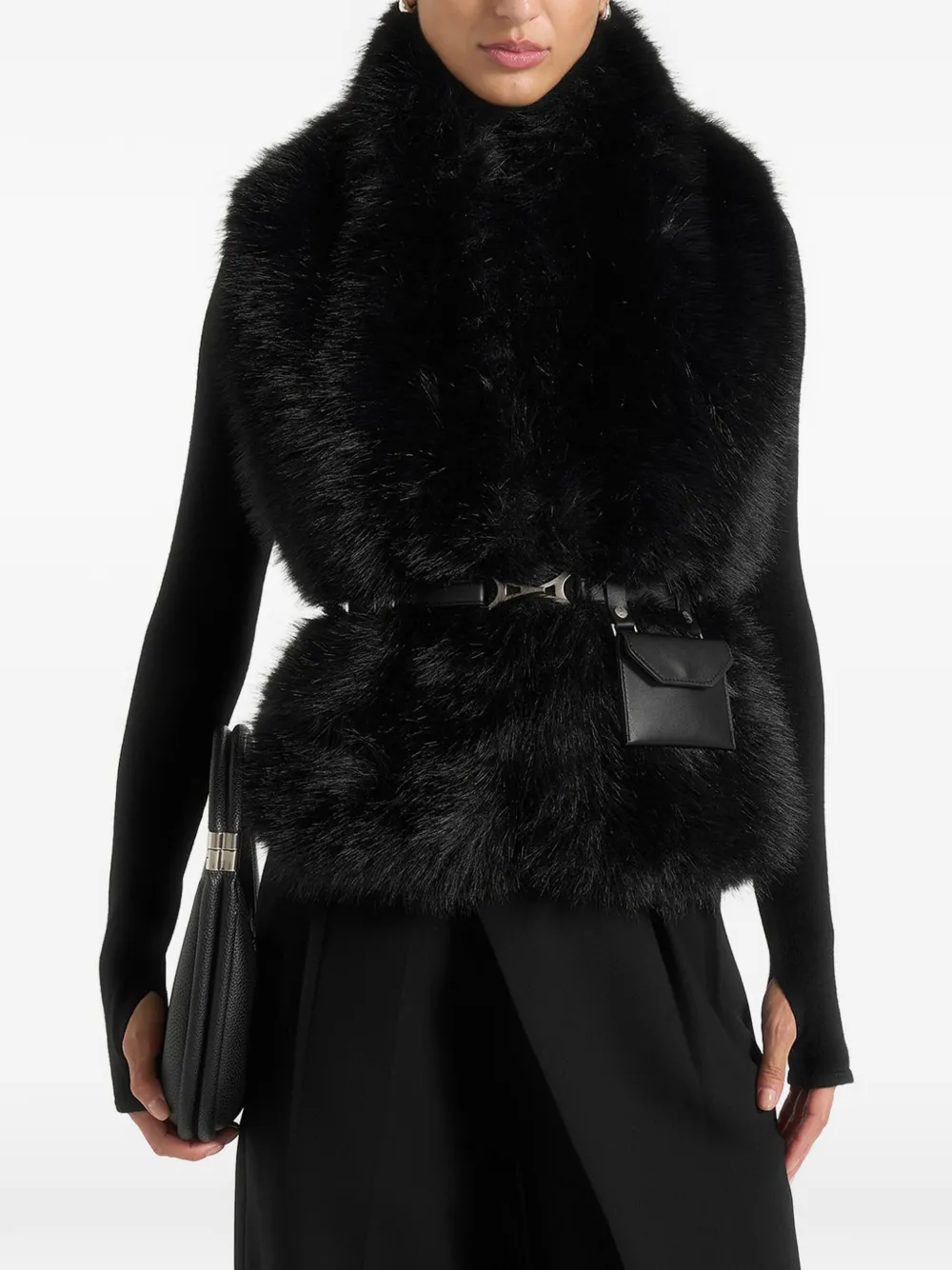 Manière De Voir Greta in black belted fur wrap jacket with pouch - Nero