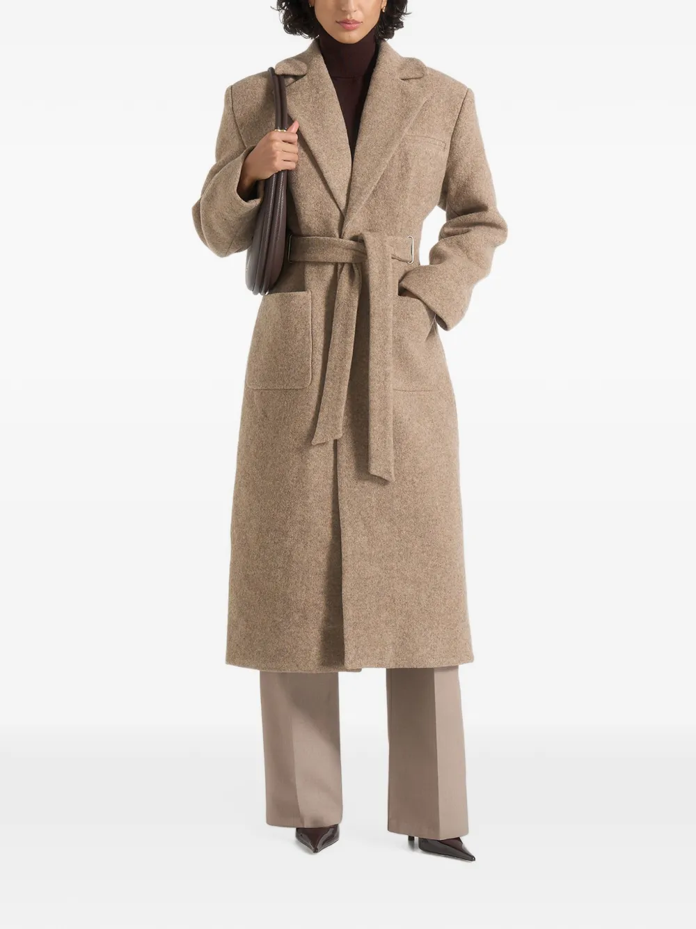 Manière De Voir Jena in taupe wide shoulder wool coat with cinch belt - Marrone