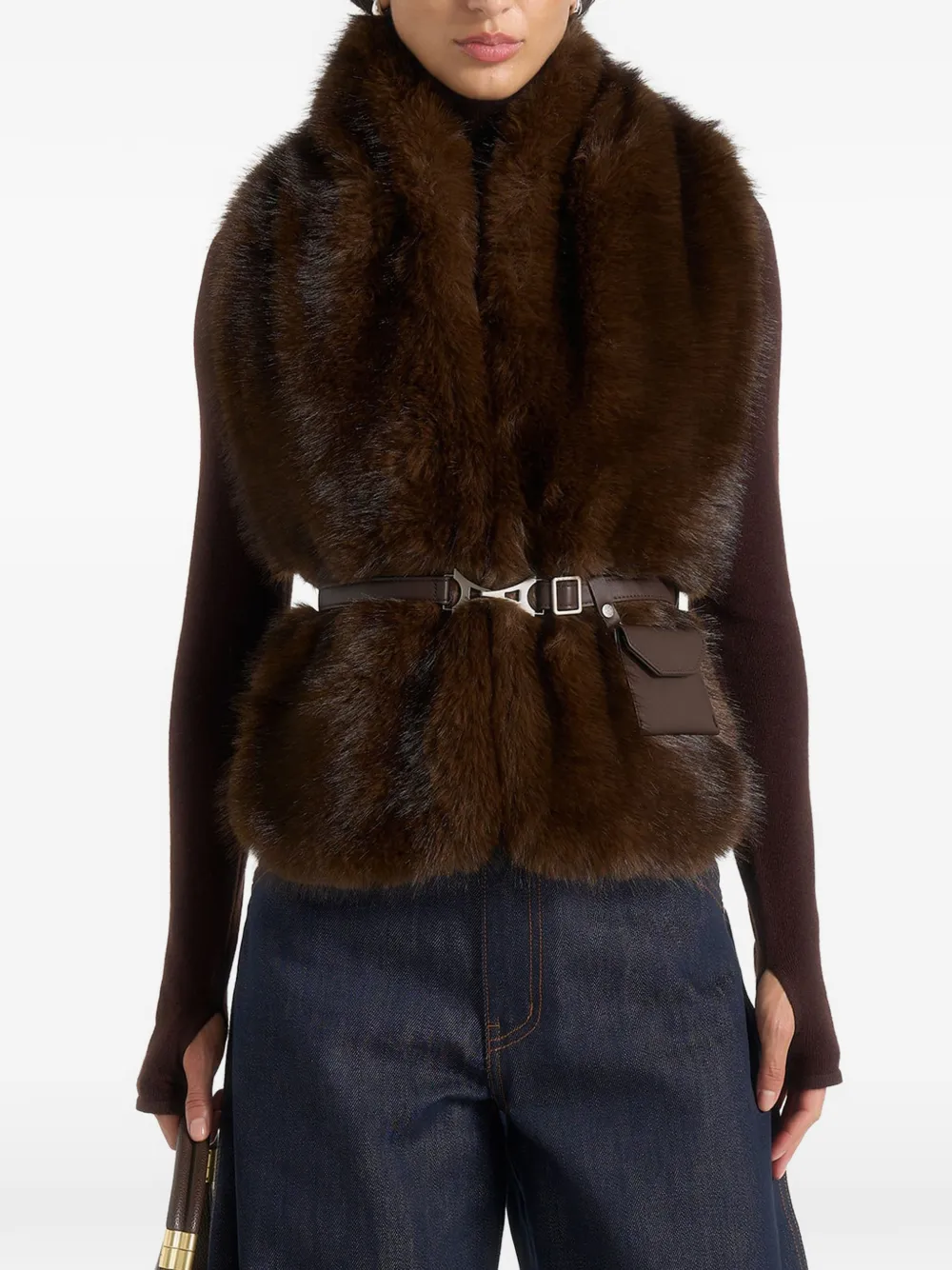 Manière De Voir Greta in Brown Belted Fur Wrap Jacket With Pouch - Marrone