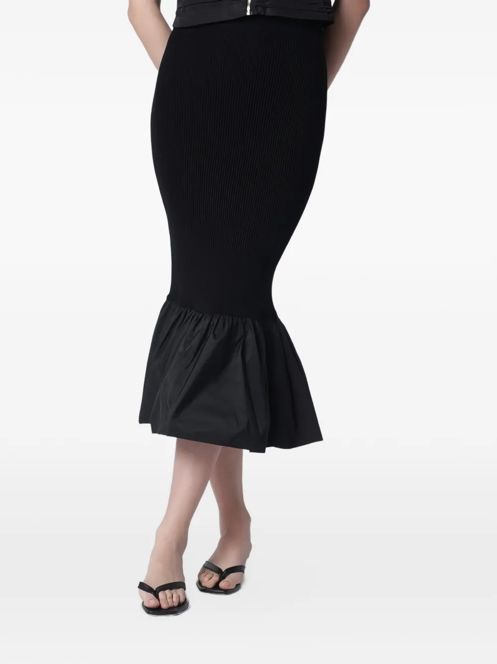 Patou ribbed ruffled midi skirt - Nero