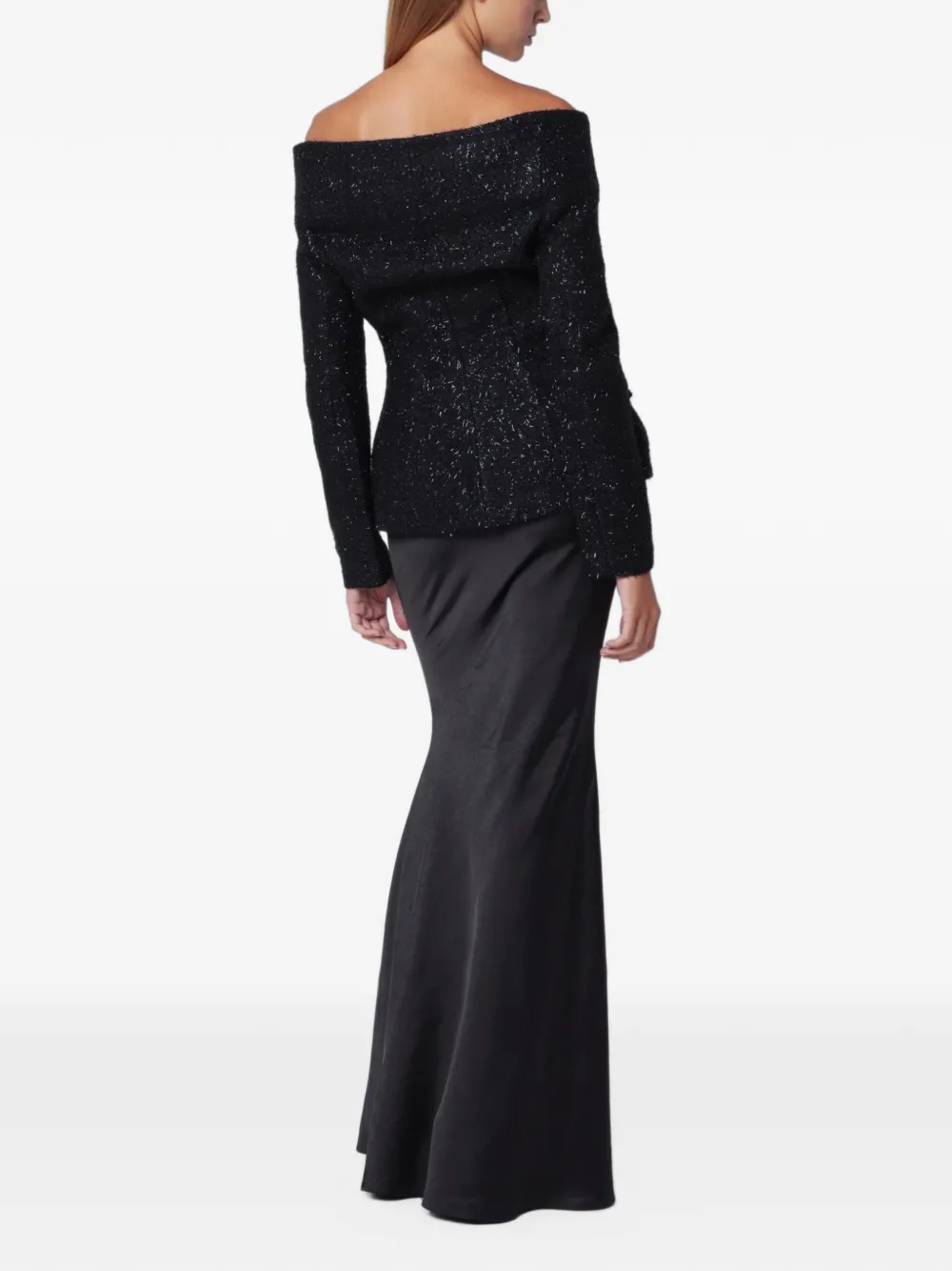 Self-Portrait black metallic bouclé satin maxi dress Zwart