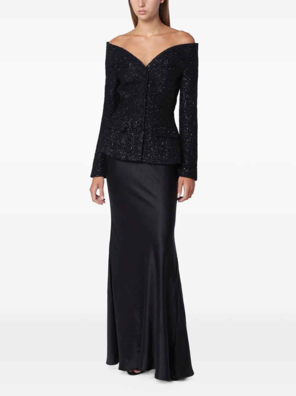Self-Portrait black metallic bouclé satin maxi dress - Schwarz