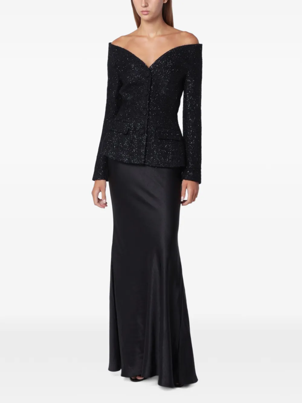 Self-Portrait black metallic bouclé satin maxi dress Zwart