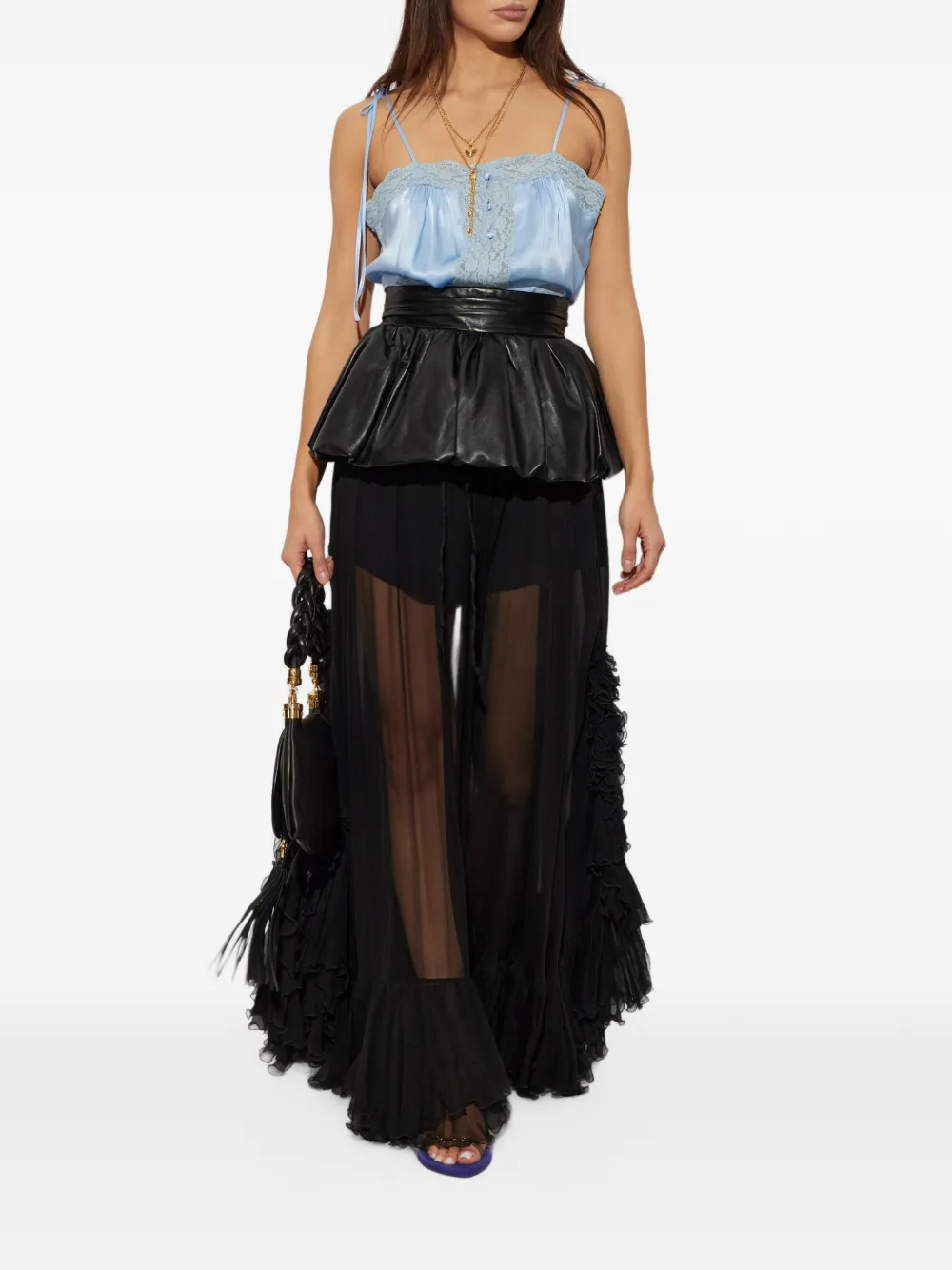 Chloé camisole top in washed silk satin & lace Blauw