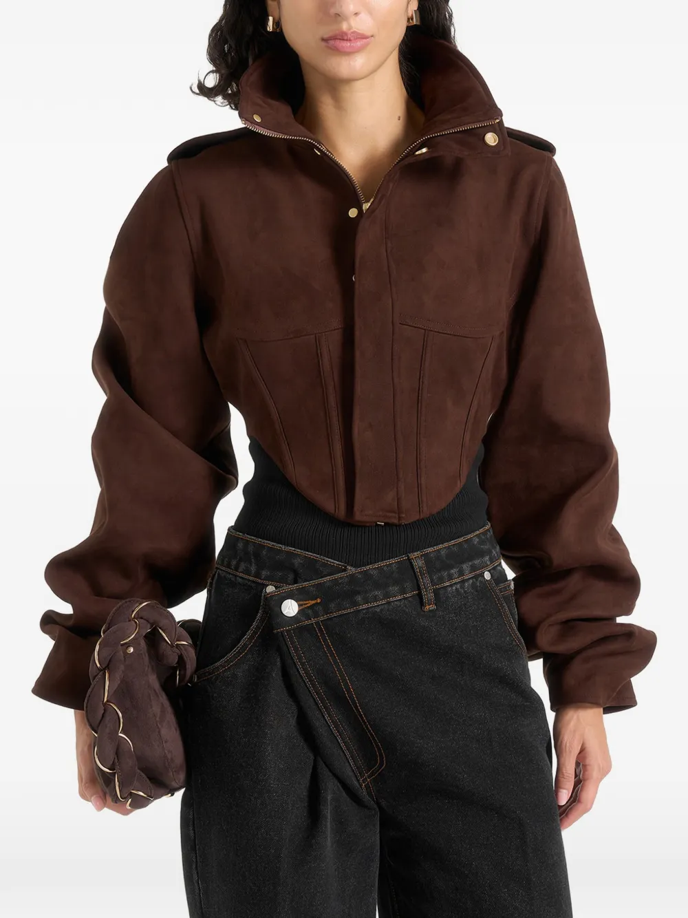 Manière De Voir Solange in brown suede tacked-sleeve corset jacket - Marrone