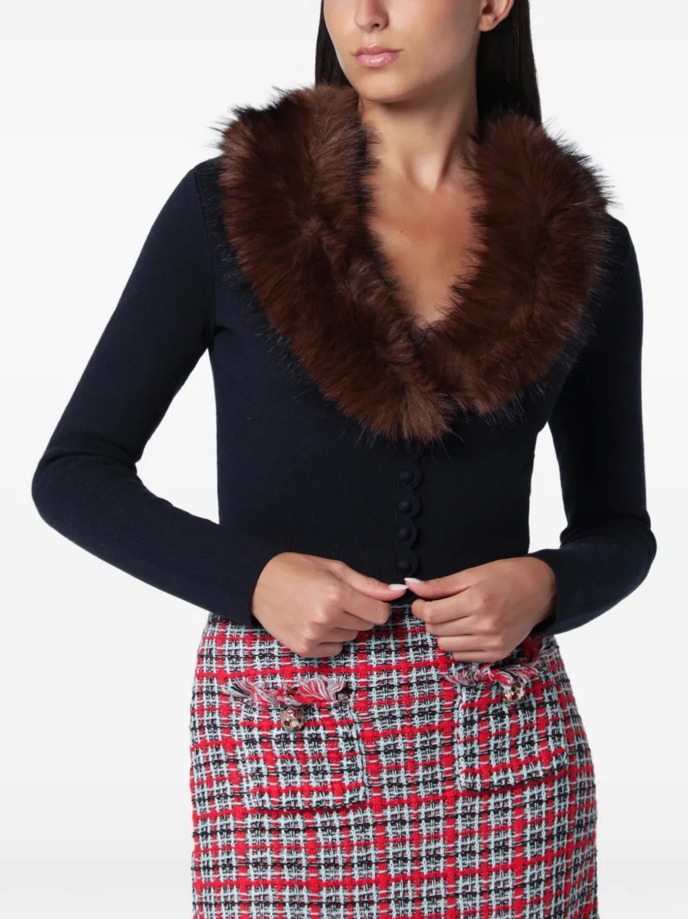 Self-Portrait navy faux-fur knit cardigan - Blue