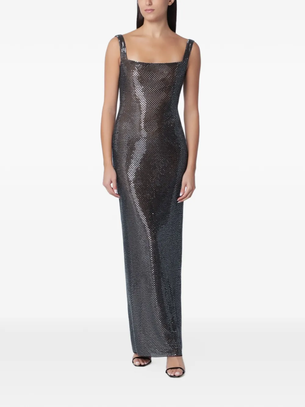 Self-Portrait gunmetal square-neck rhinestone maxi dress Zilver