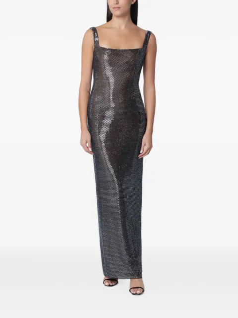 Self-Portrait gunmetal square-neck rhinestone maxi dress