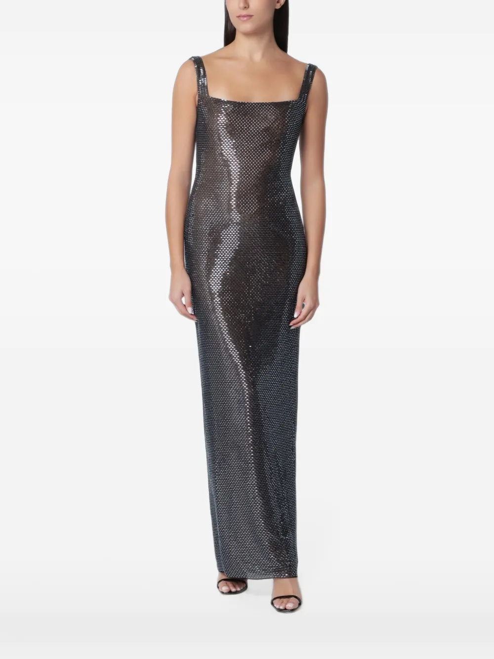 Self-Portrait gunmetal square-neck rhinestone maxi dress Zilver