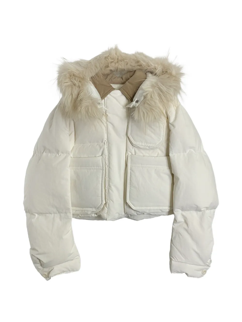 sacai faux-fur collar puffer jacket - Weiß