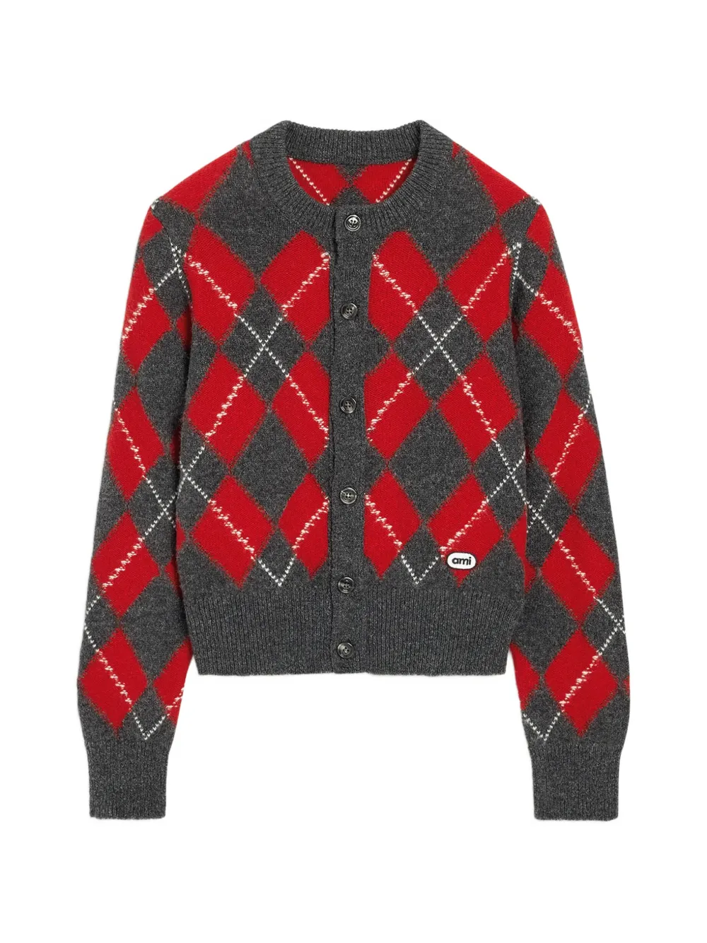 AMI Paris grey wool cardigan in red argyle - Grau