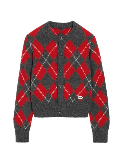 AMI Paris grey wool cardigan in red argyle