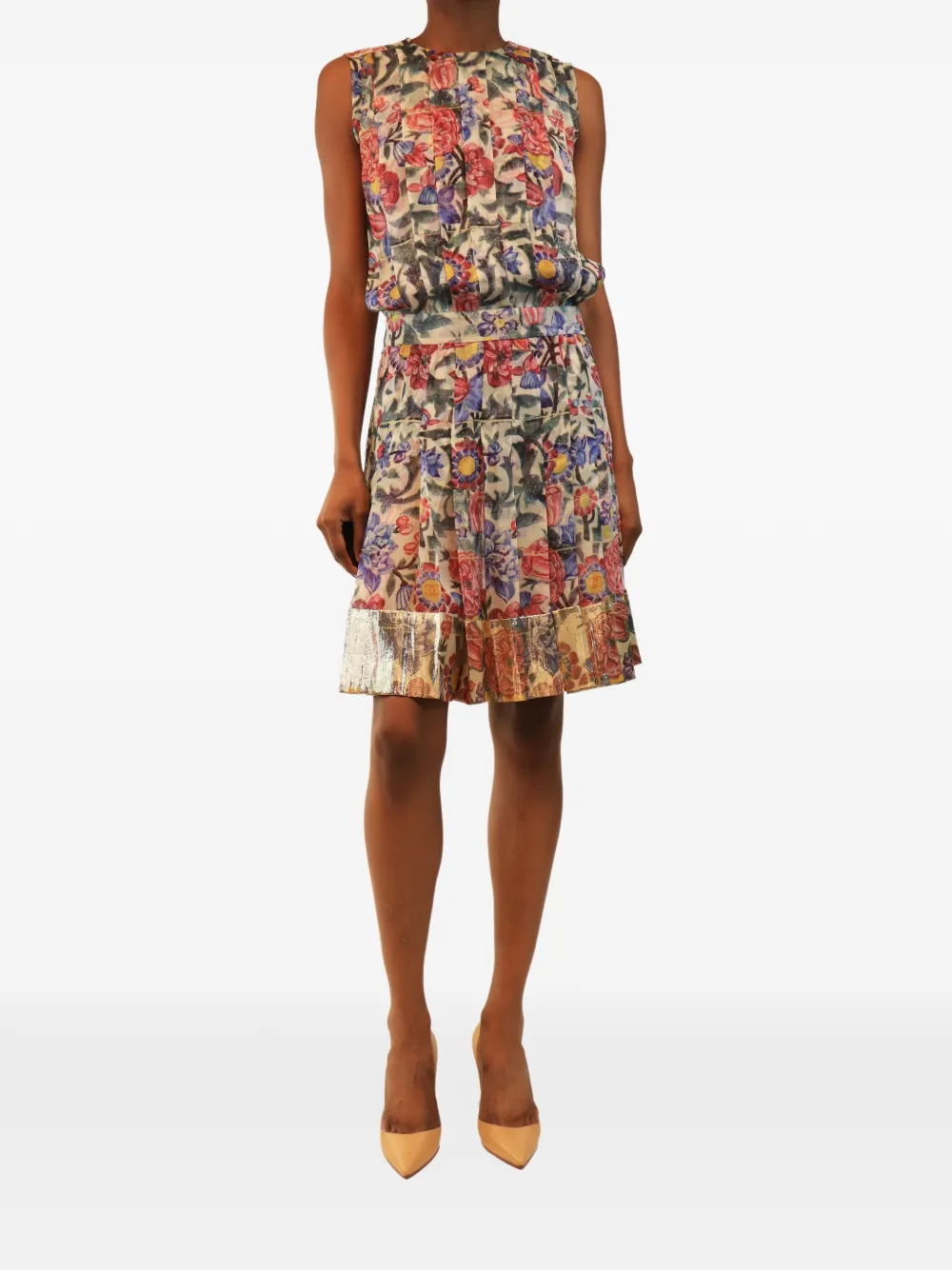 CHANEL Pre-Owned floral-print pleated midi dress - Neutrals