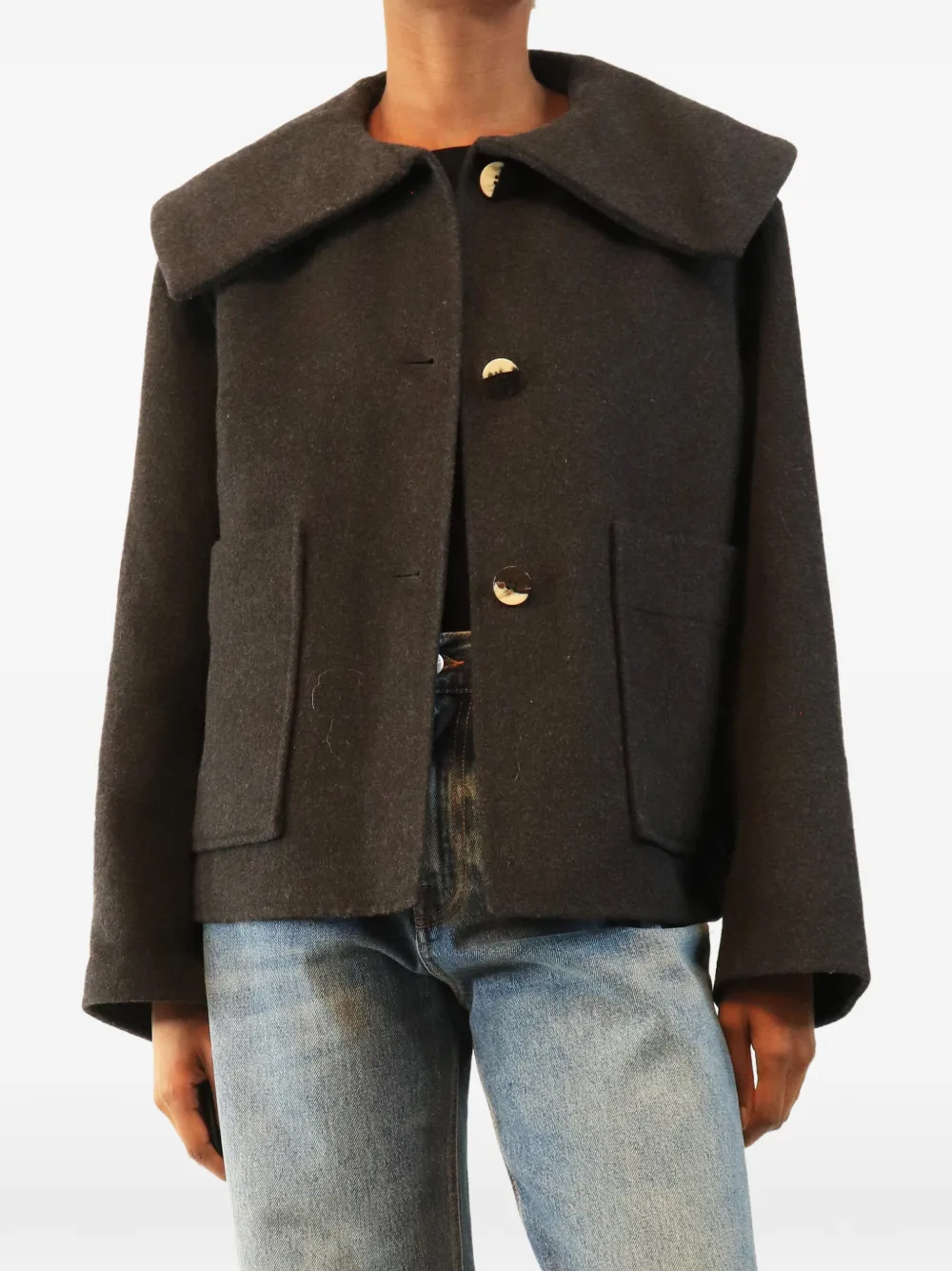 GANNI cropped oversized-collar jacket - Grigio