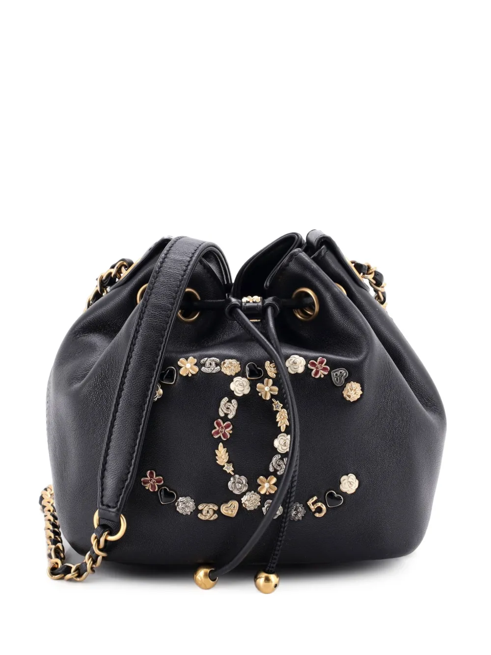 CHANEL Pre-Owned Lucky Charms CC Drawstring Embellished Lambskin Mini bucket bag - Black
