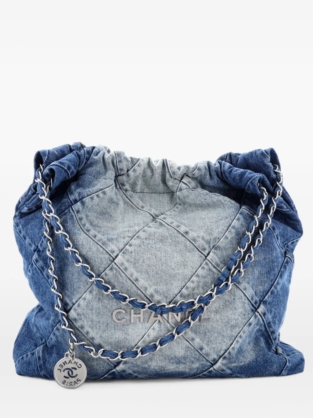 CHANEL Pre-Owned Mittelgroße Beuteltasche aus gestepptem Denim mit Kettenriemen 22cm - Blau