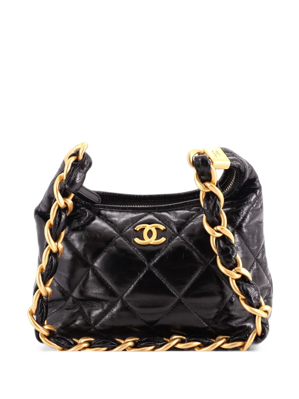 CHANEL Pre-Owned CC Chunky Chain Zip Quilted Shiny Lambskin Small hobo bag - Black