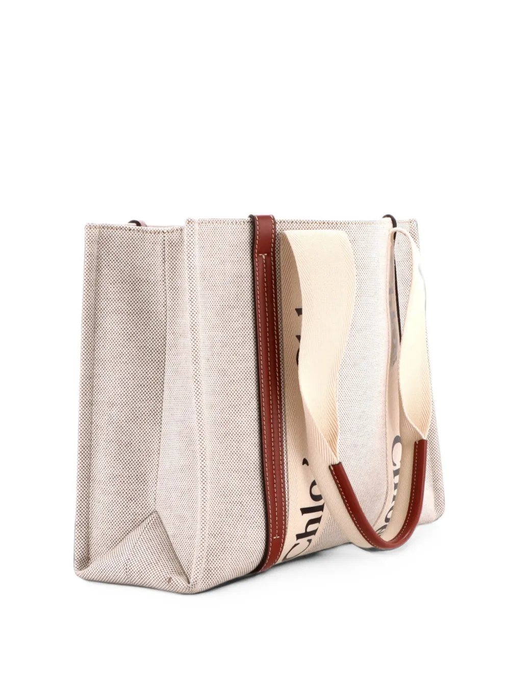 Chloé Pre-Owned Woody Canvas with Leather Medium tote bag - Tons neutres Chloé Pre-Owned Woody Canvas with Leather Medium tote bag - Tons neutres