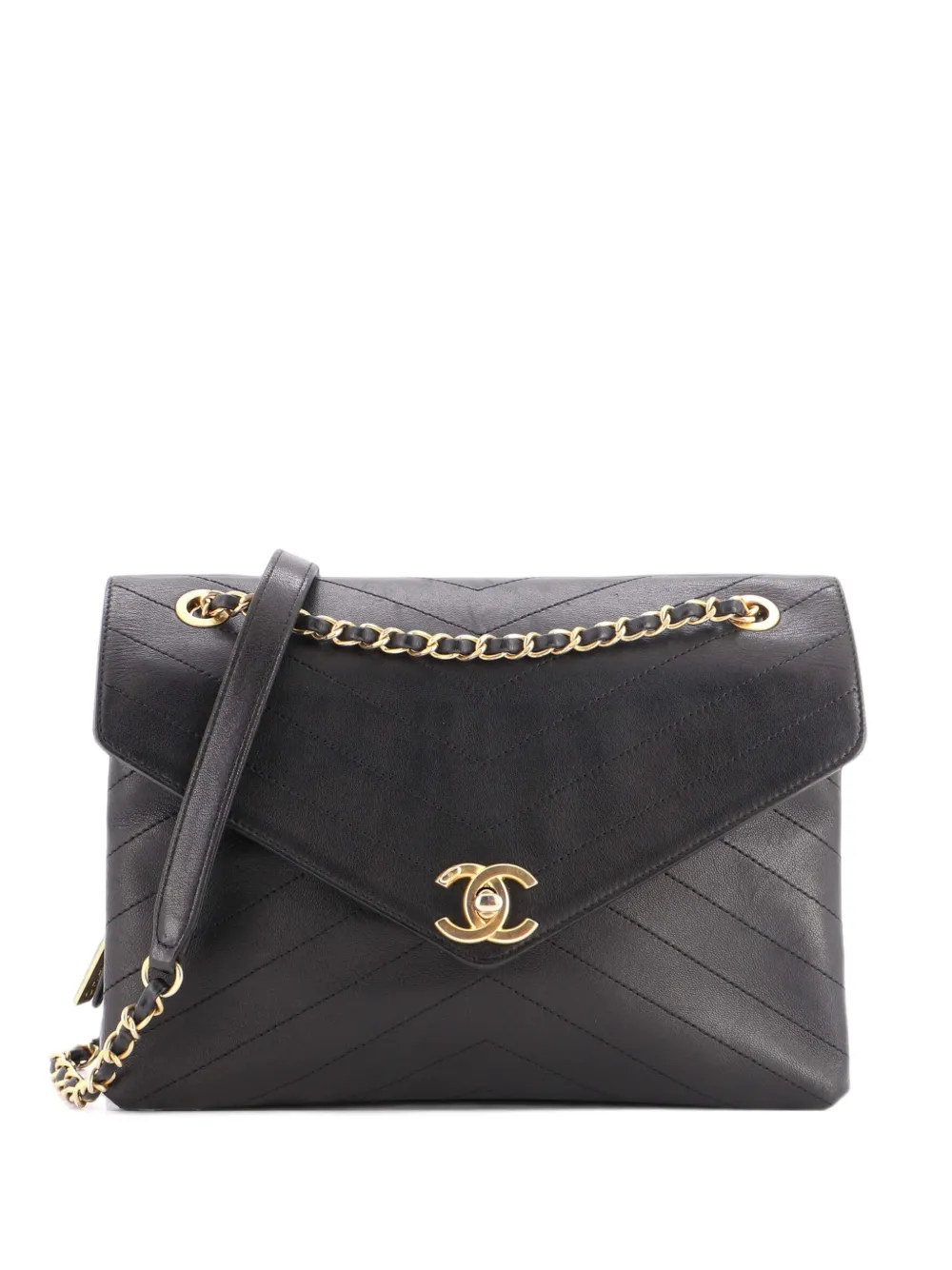CHANEL Pre-Owned Envelope Compartment Flap Bag Chevron Calfskin Medium shoulder bag - Black